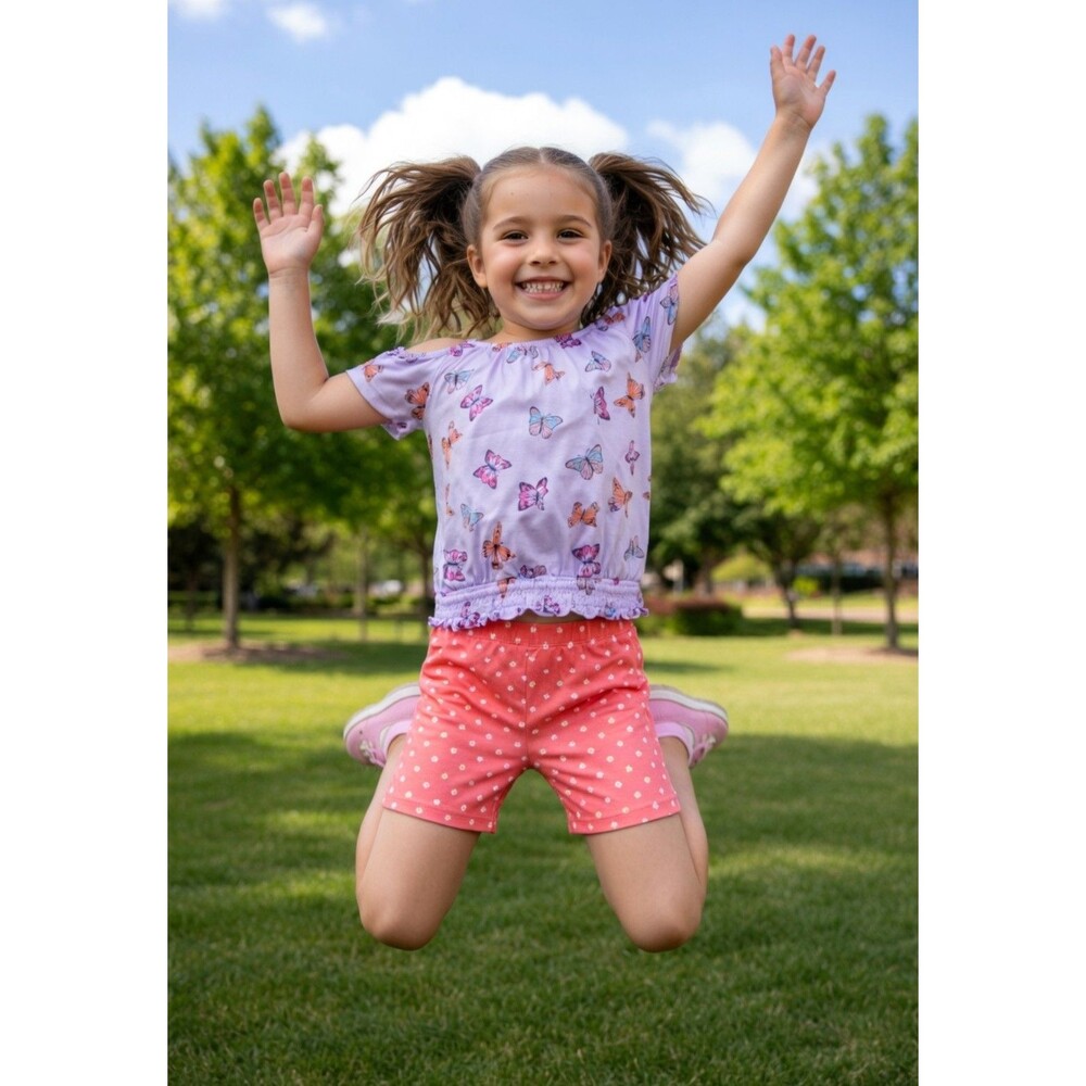 Girls Kohl's SO Sz 7 Lavendar Butterfly Top+Orange Floral Shorts Outfit Set EUC